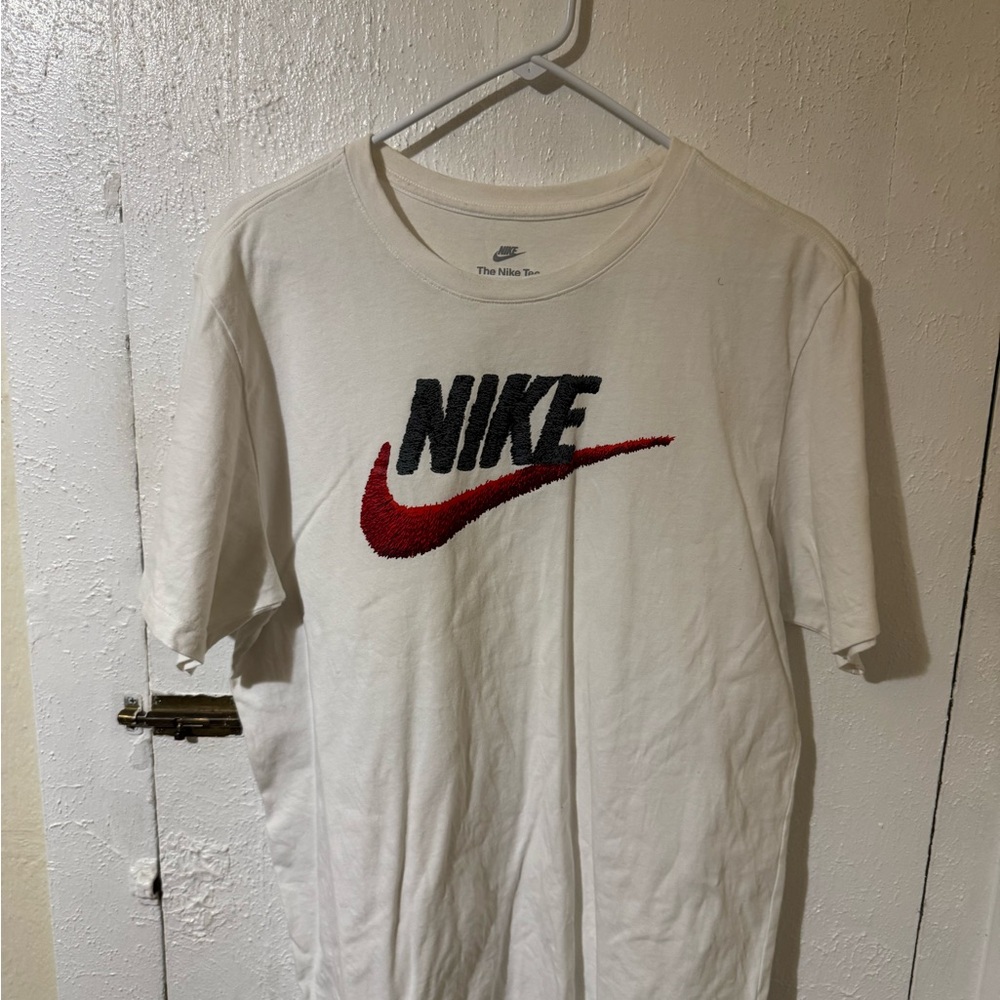 Nike Men's White Tee with Red and Black Logo